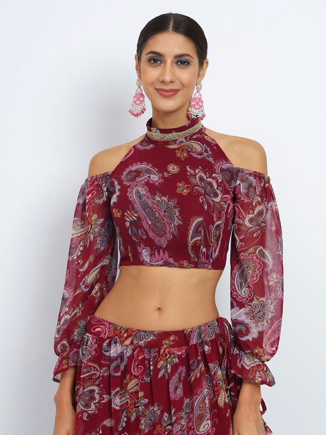 

studio rasa Floral Print Cold-Shoulder Georgette Crop Top, Maroon