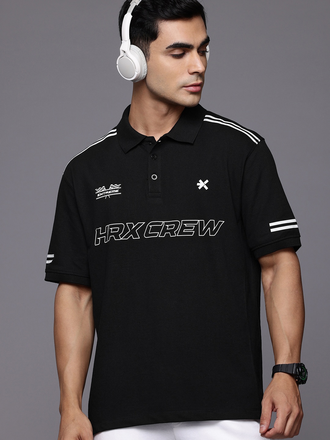 

HRX by Hrithik Roshan Printed Polo Collar Drop-Shoulder Sleeves Lifestyle T-shirt, Black