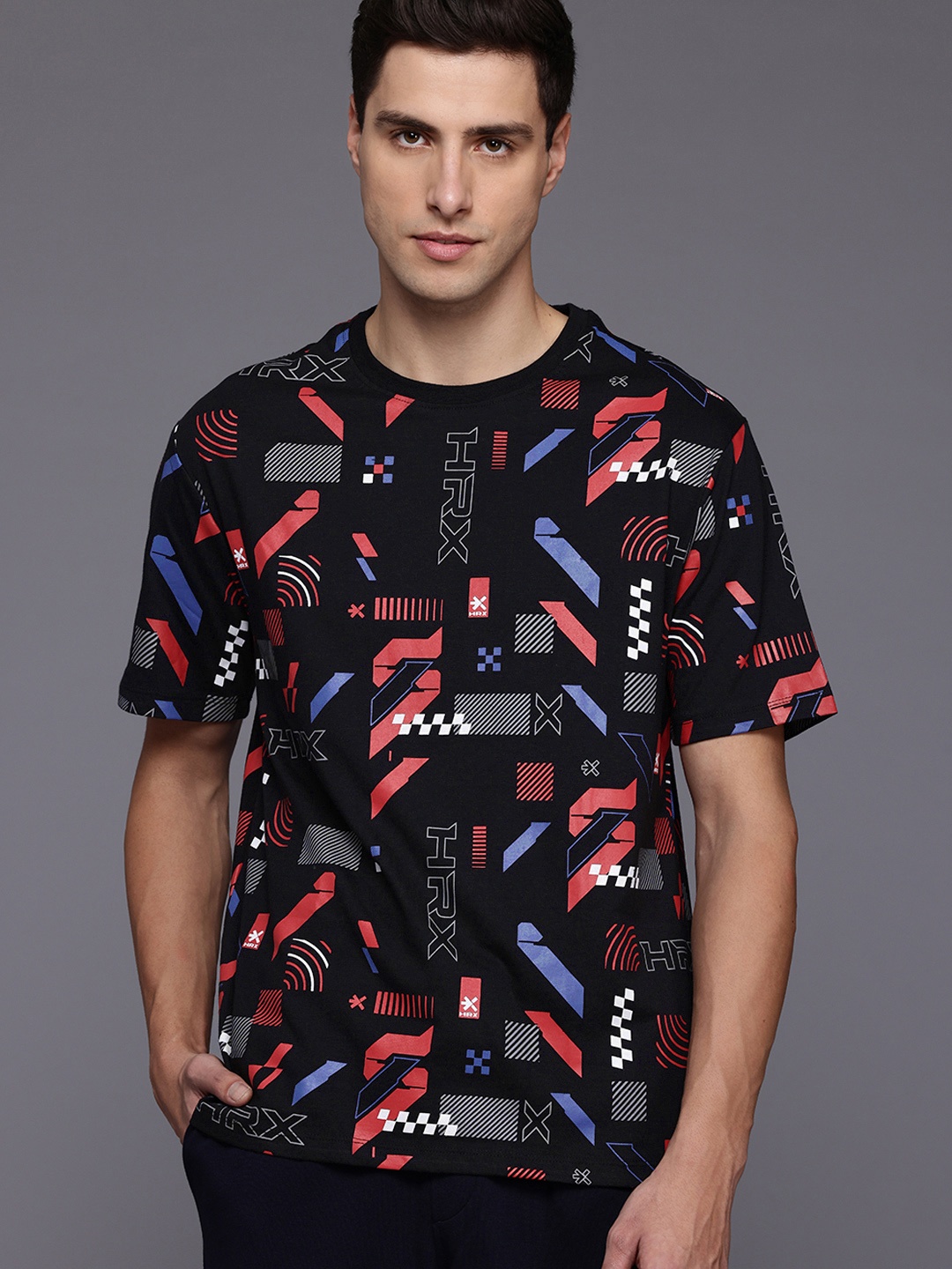 

HRX by Hrithik Roshan All-Over Abstract Print Regular Fit Lifestyle T-shirt, Black