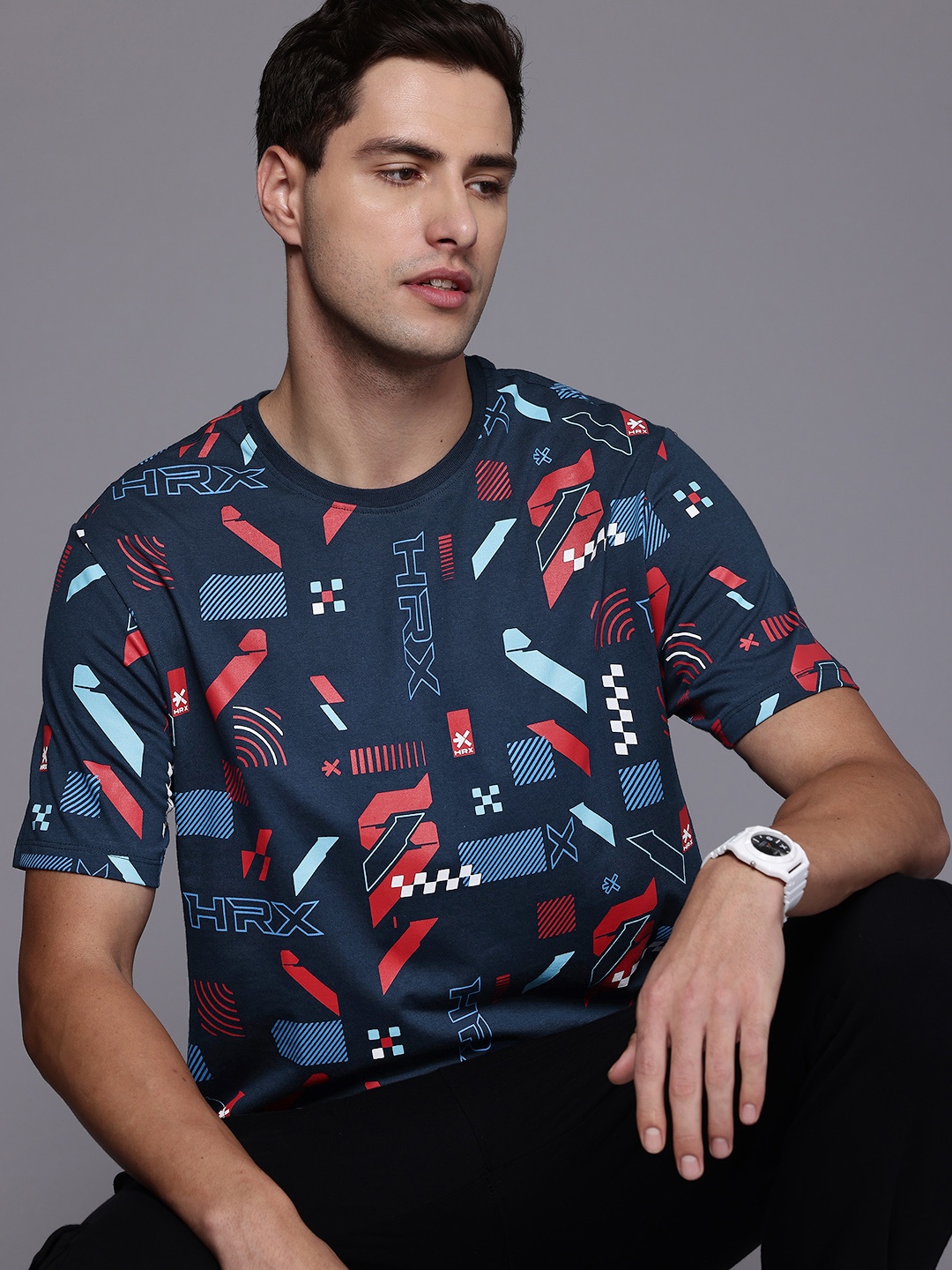 

HRX by Hrithik Roshan Men Brand Logo Printed T-shirt, Navy blue