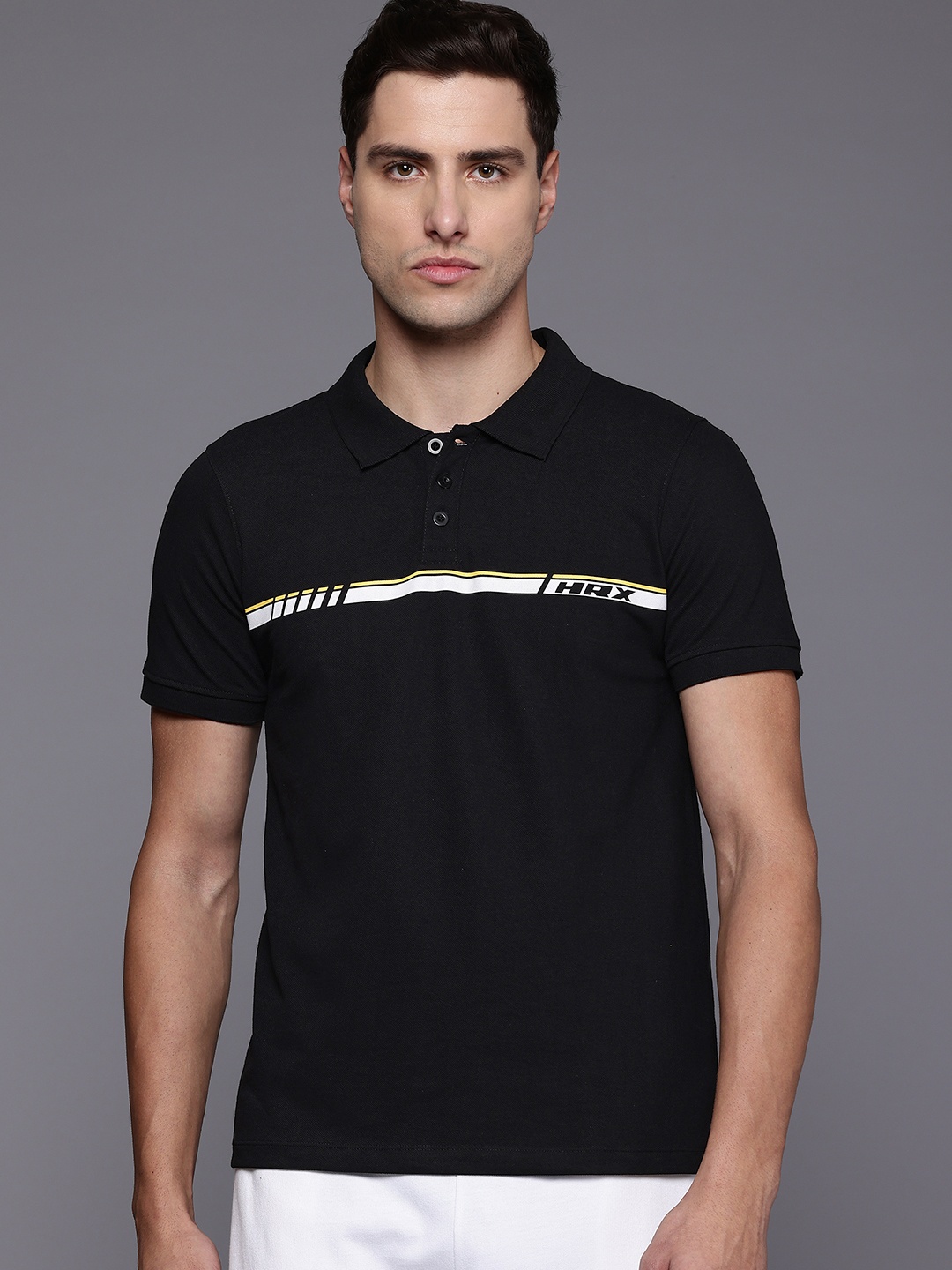 

HRX by Hrithik Roshan Men Striped Polo Collar Yoga T-shirt, Black