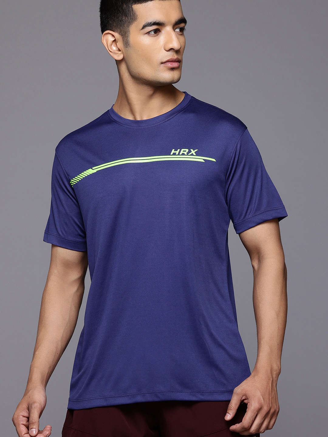 

HRX by Hrithik Roshan Men Striped Rapid-Dry Running T-shirt, Navy blue