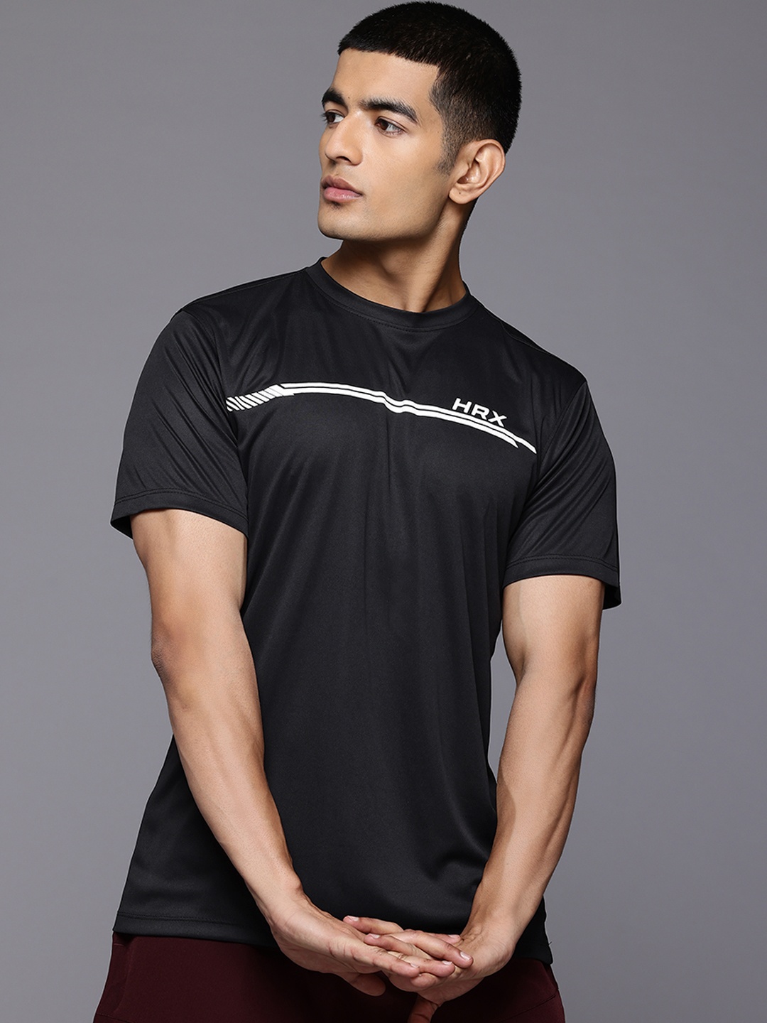 

HRX by Hrithik Roshan Men Striped Rapid-Dry Running T-shirt, Black