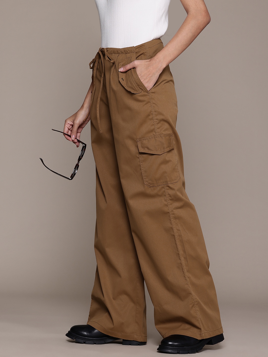 

The Roadster Lifestyle Co. Women Pure Cotton Pleated Cargo Trousers, Brown