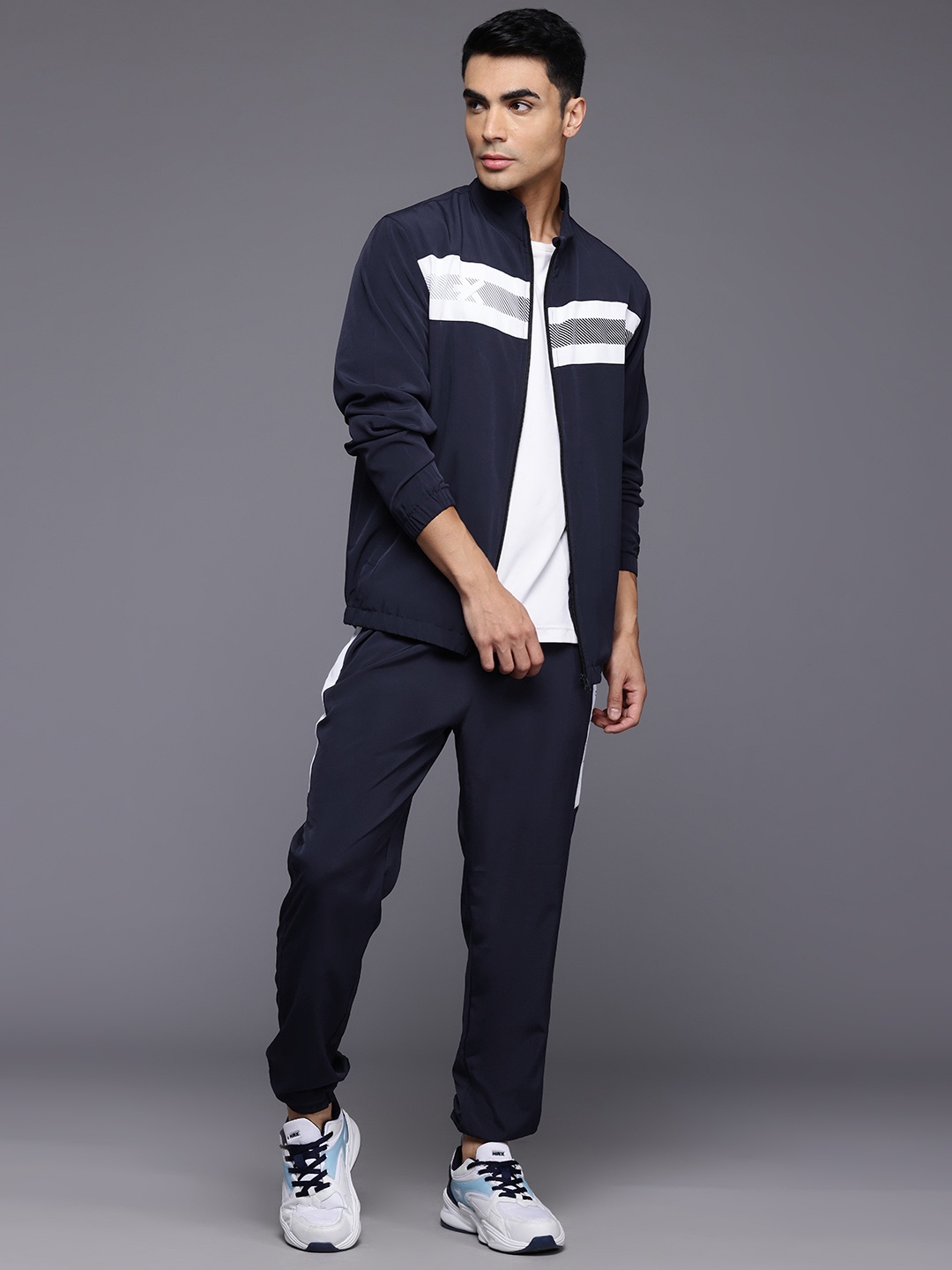 

HRX by Hrithik Roshan Striped Rapid-Dry Running Tracksuit, Navy blue