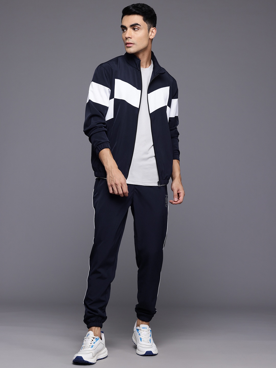 

HRX by Hrithik Roshan Striped Rapid-Dry Running Tracksuit, Navy blue