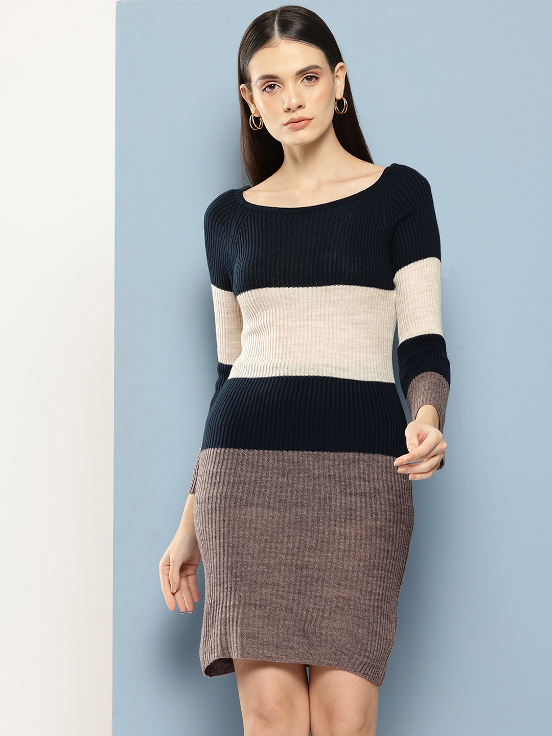 

Chemistry Striped Long Sleeves Ribbed Dress, Navy blue