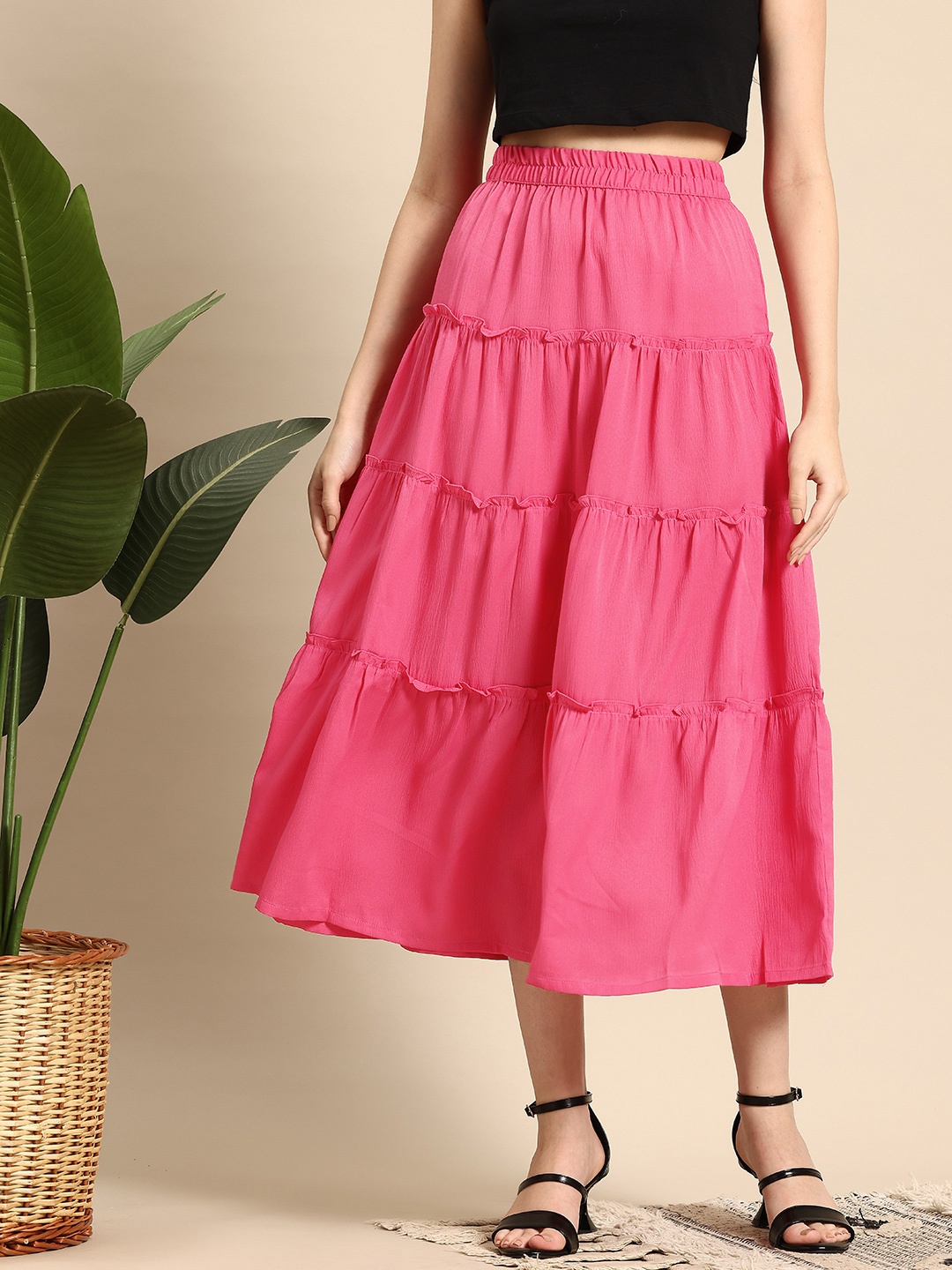 

Mast & Harbour Crinkled Tiered Flared Midi Skirt, Pink