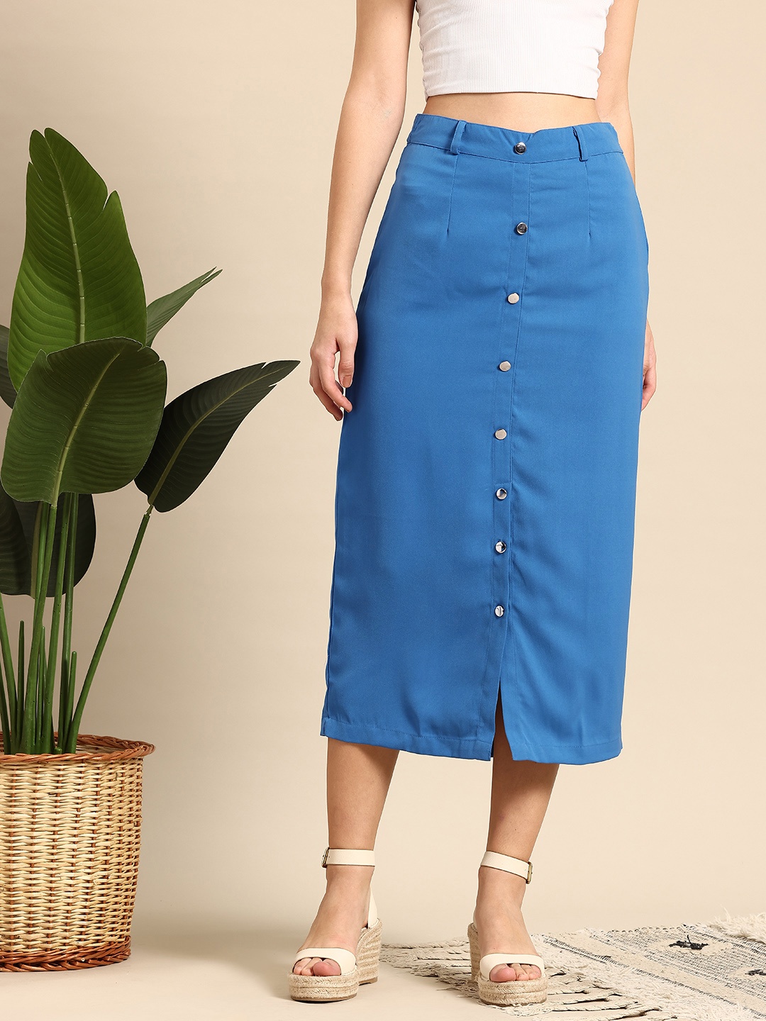 

Mast & Harbour Straight Midi Skirt With Button Slit, Blue