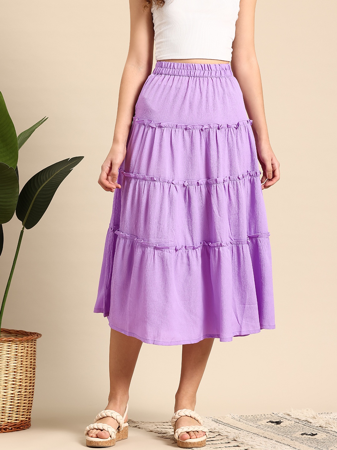 

Mast & Harbour Crinkled Tiered Flared Midi Skirt, Lavender