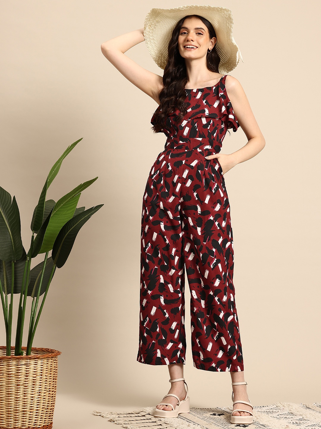 

Mast & Harbour Printed Jumpsuit with Ruffles, Red