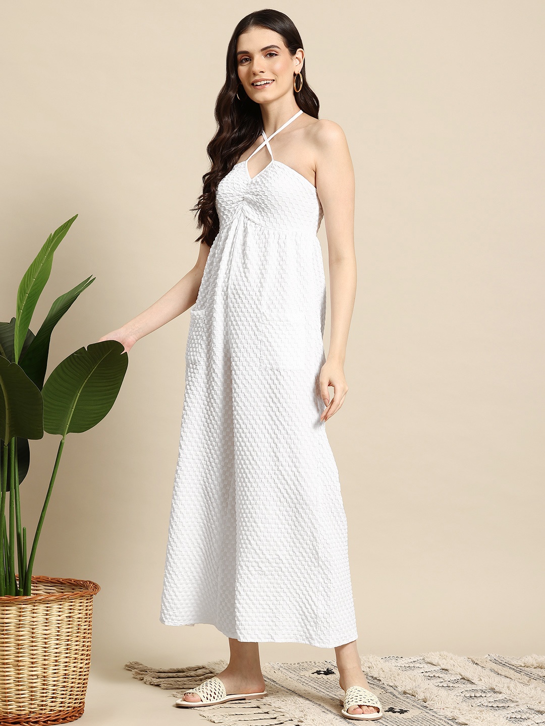 

Mast & Harbour Seersucker Smocked Back Halter Neck Basic Jumpsuit, White