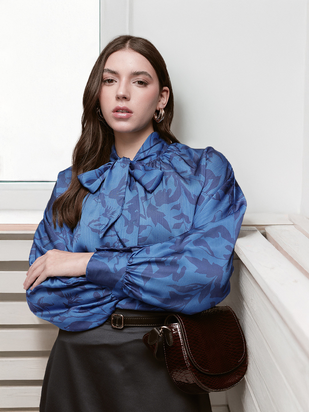 

French Connection Floral Print Tie-Up Neck Top, Blue