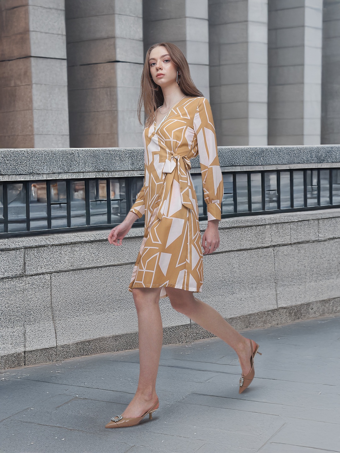 

French Connection Geometric Printed Cuffed Sleeves Wrap Dress, Beige