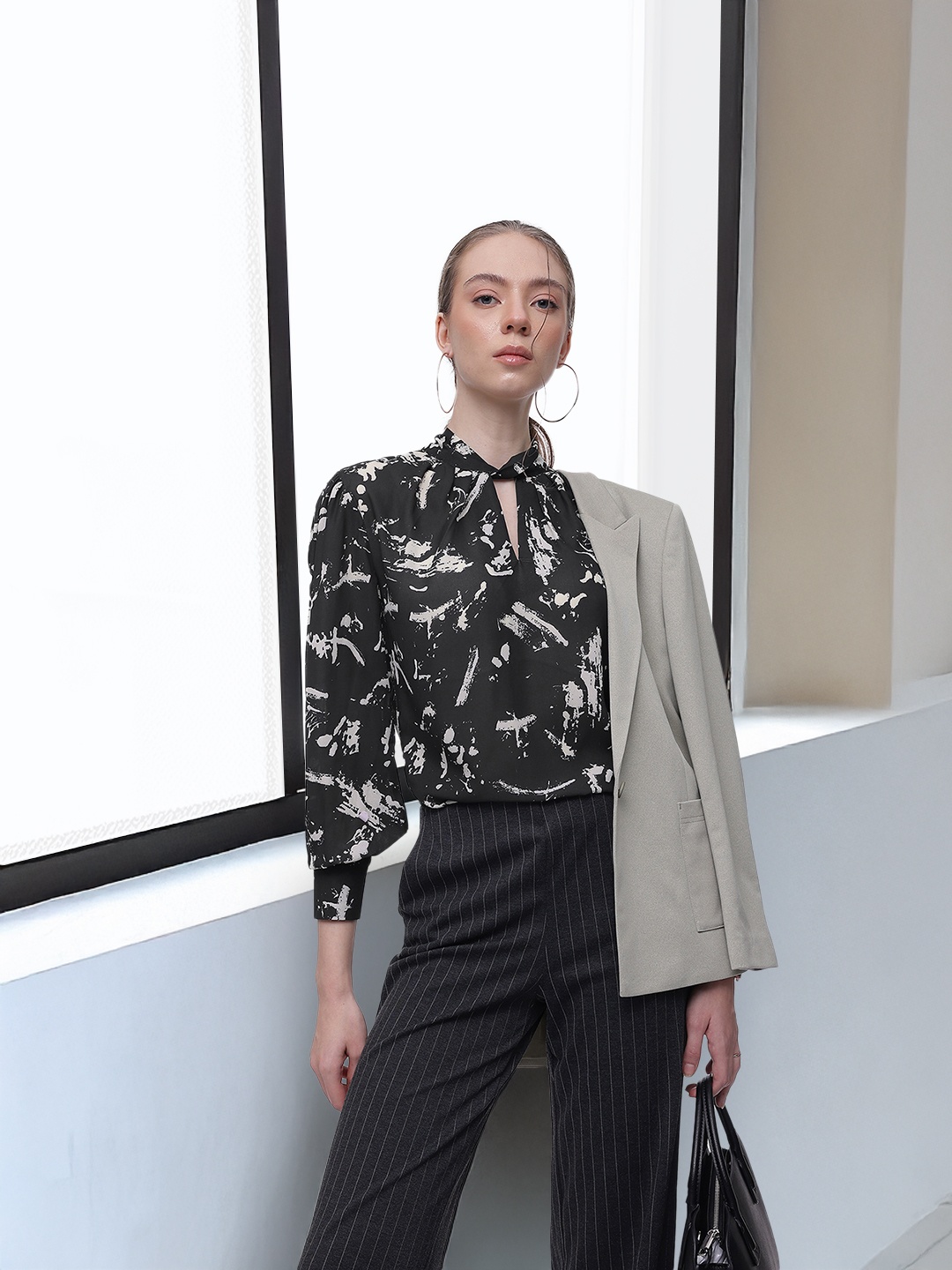 

French Connection Printed Semi Sheer Top, Black