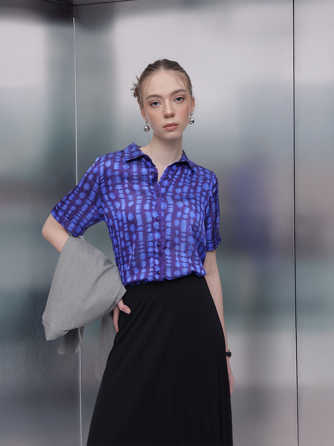 

French Connection Printed Satin Finish Casual Shirt, Navy blue