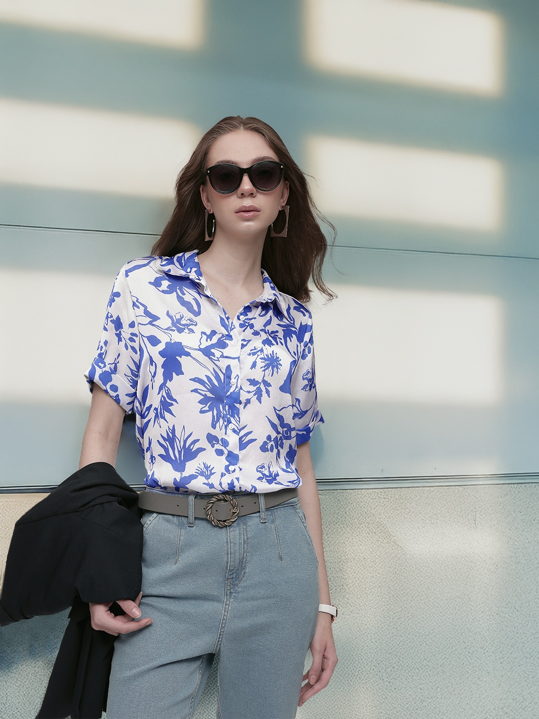 French Connection Floral Printed Satin Finish Oversized Casual Shirt, White