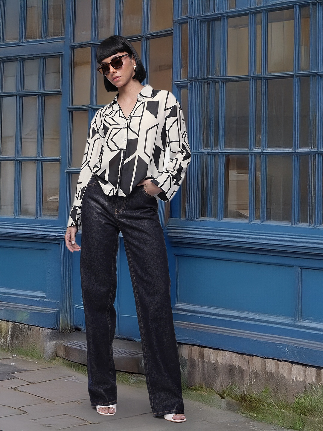

French Connection Geometric Printed Monochrome Casual Shirt, White