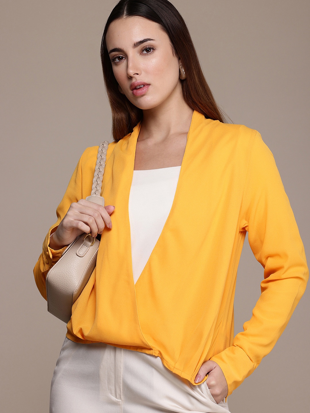 

French Connection Gathers Deep V-Neck Cuffed Sleeves Top, Yellow