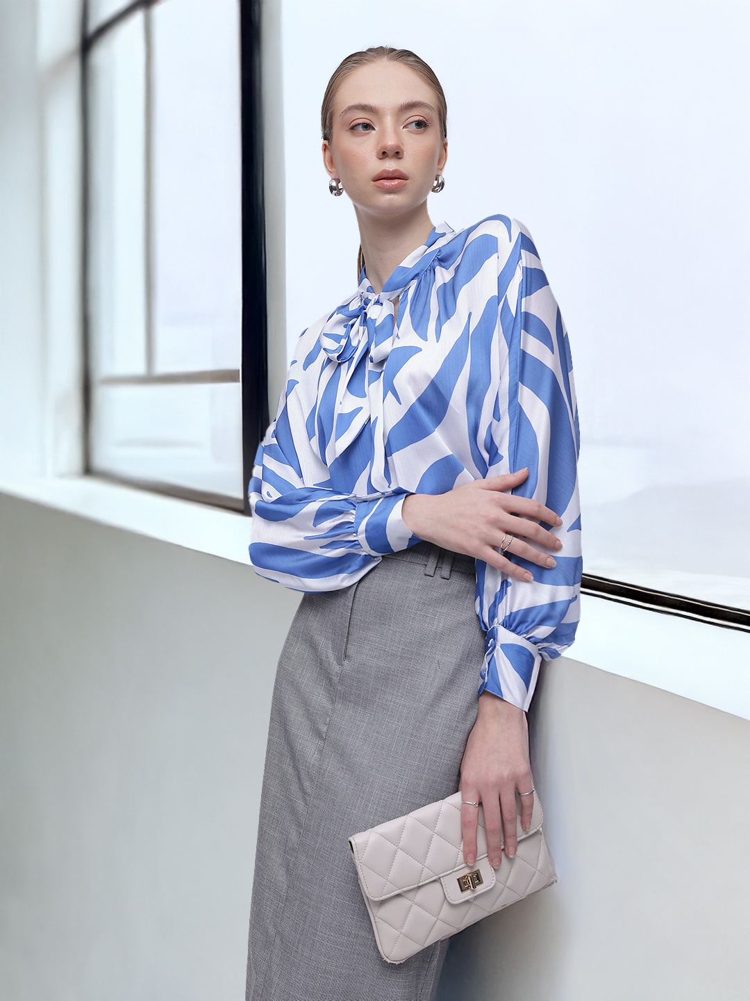 

French Connection Abstract Printed Tie-Up Neck Top, White
