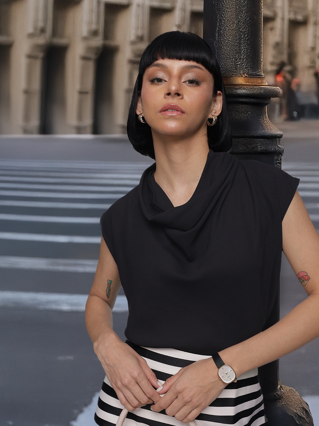 

French Connection Cowl Neck Extended Sleeves Top, Black