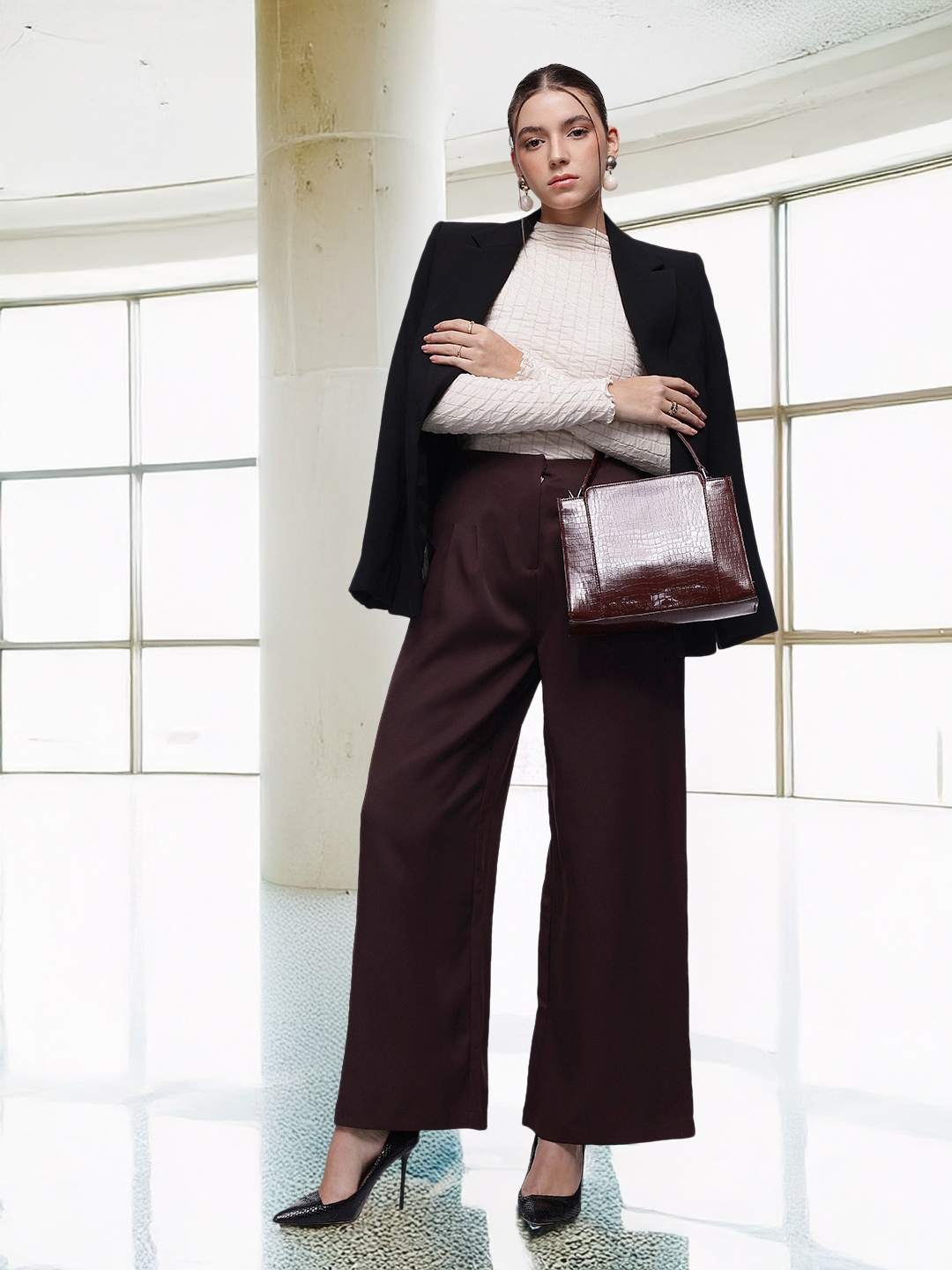 

French Connection Women High-Rise Pleated Wide Leg Trousers, Brown