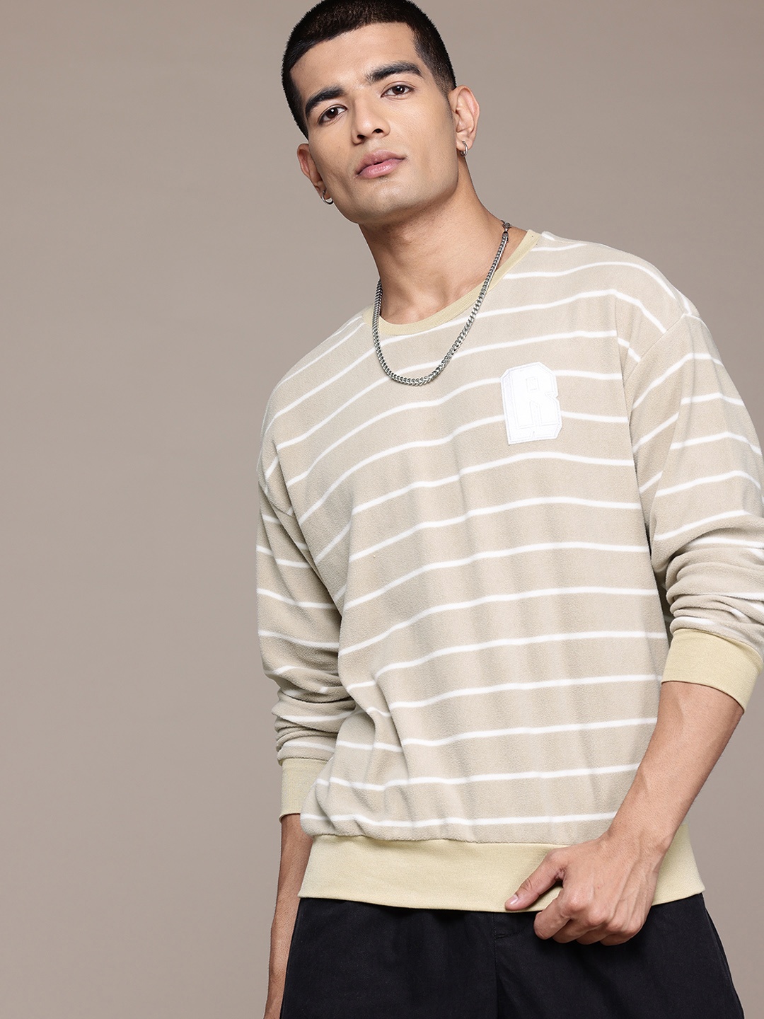 

The Roadster Lifestyle Co. Striped Relaxed Fit Fleece Sweatshirt, Beige