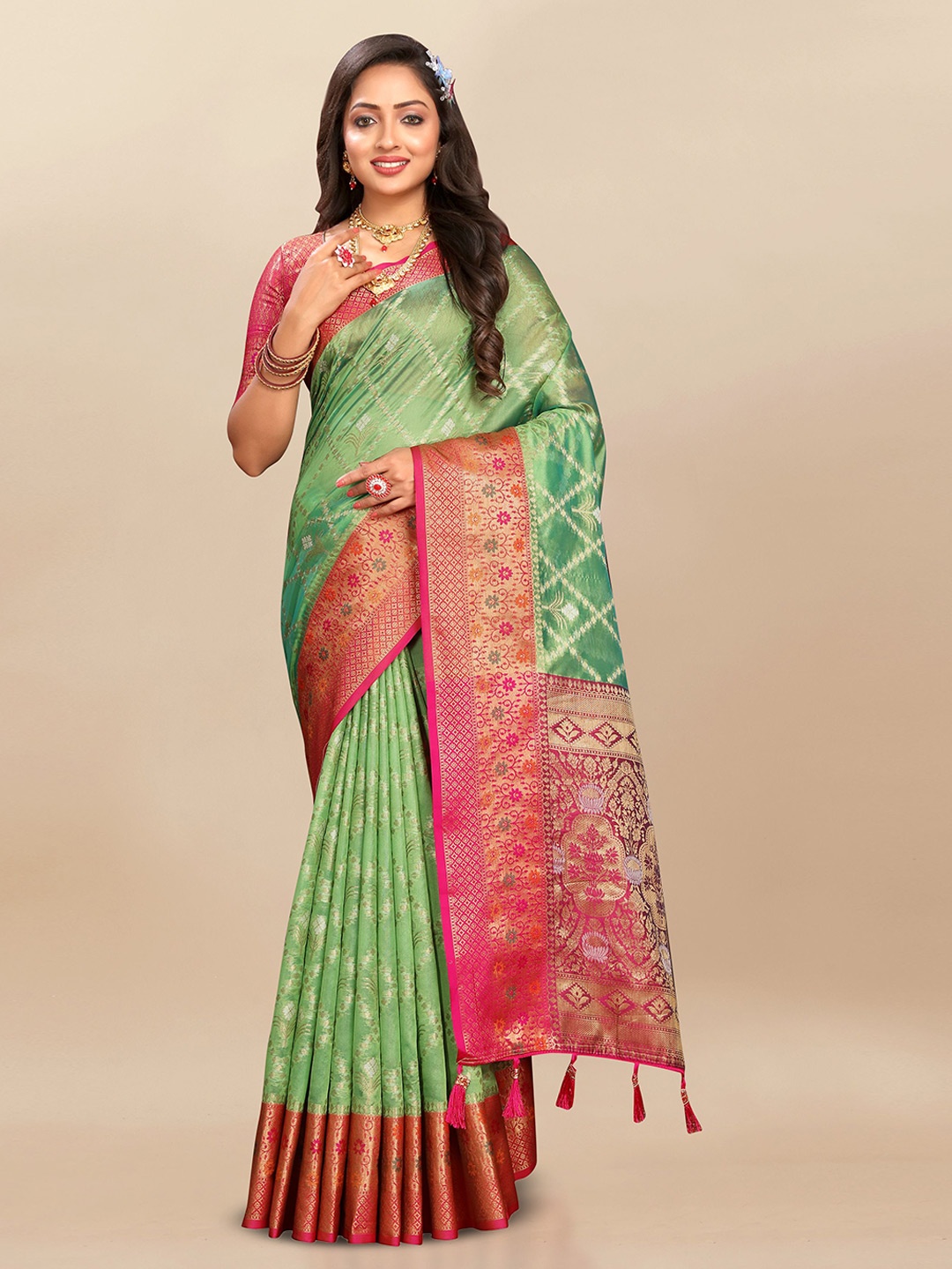 

Upalksh Ethnic Motifs Zari Organza Banarasi Saree, Lime green