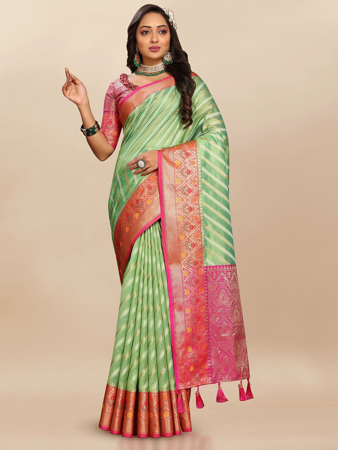 

Upalksh Ethnic Motifs Zari Organza Banarasi Saree, Lime green