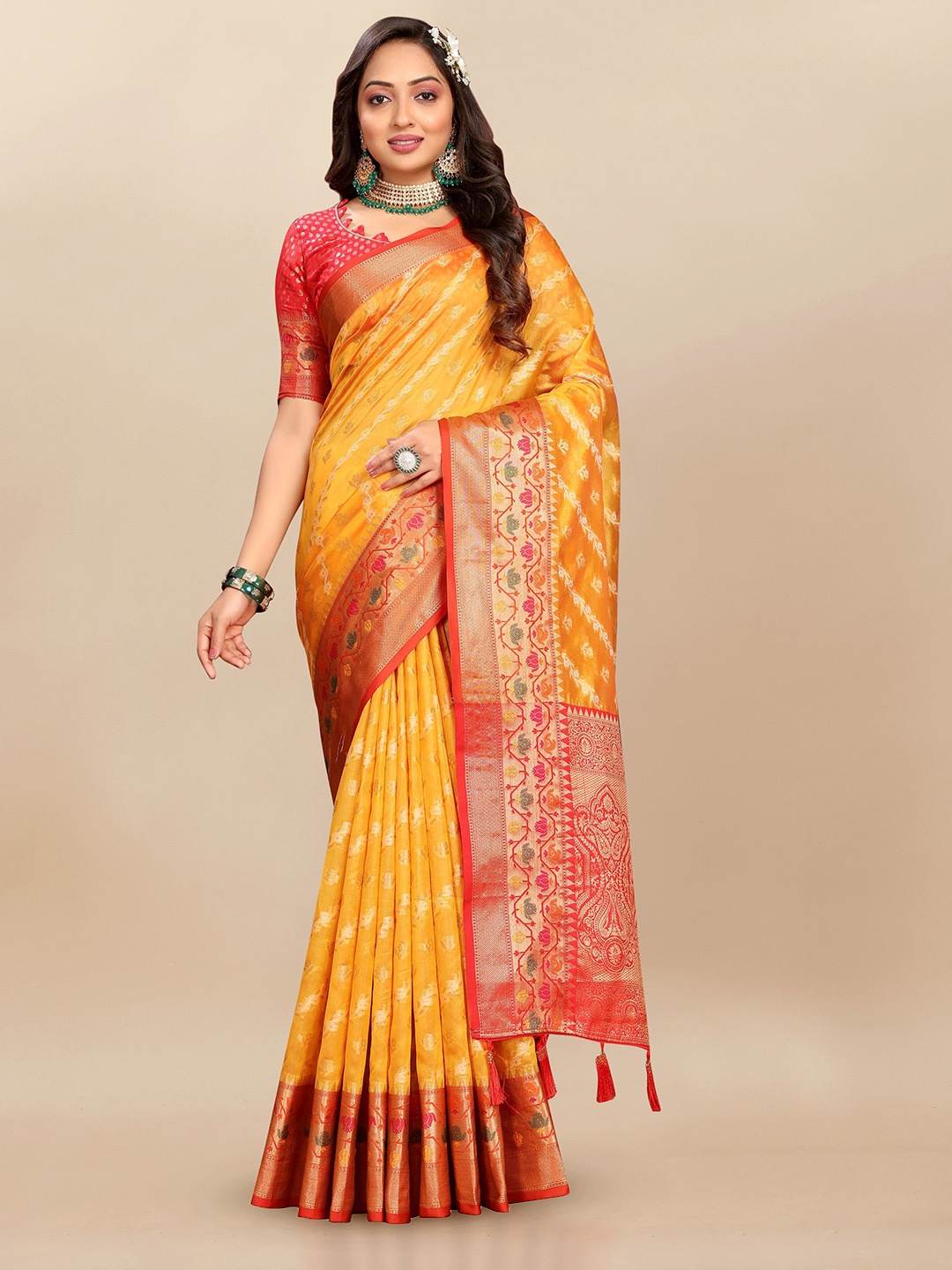 

Upalksh Woven Design Zari Organza Banarasi Saree, Yellow