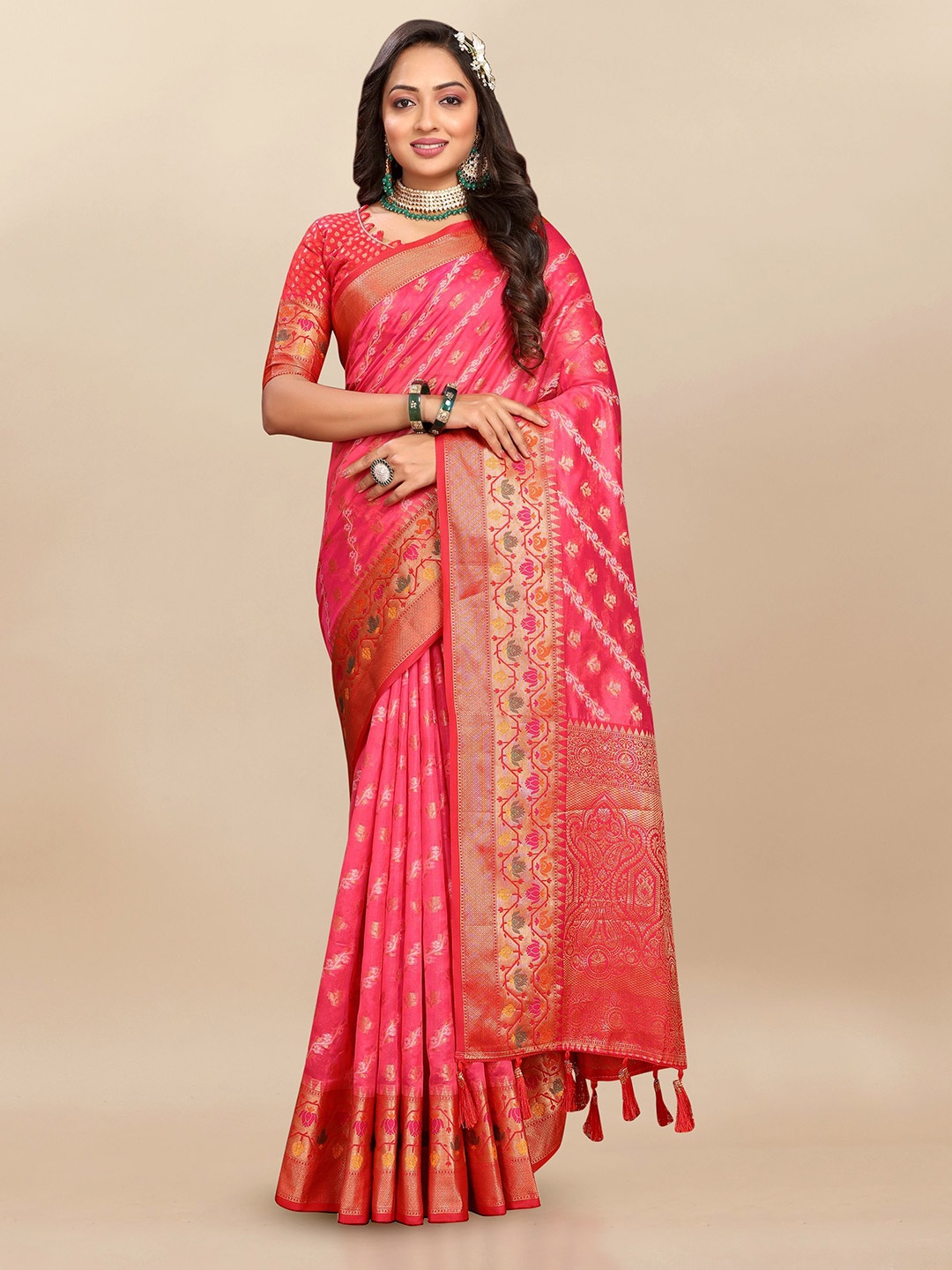 

Upalksh Ethnic Motifs Zari Organza Banarasi Saree, Pink