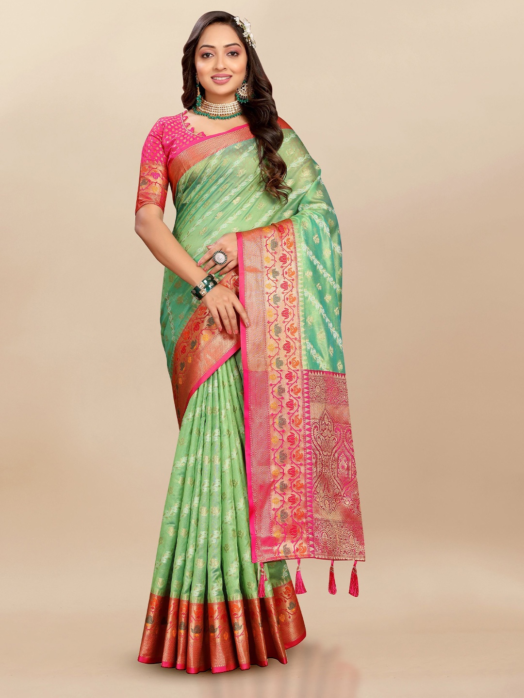 

Upalksh Woven Design Zari Organza Banarasi Saree, Lime green