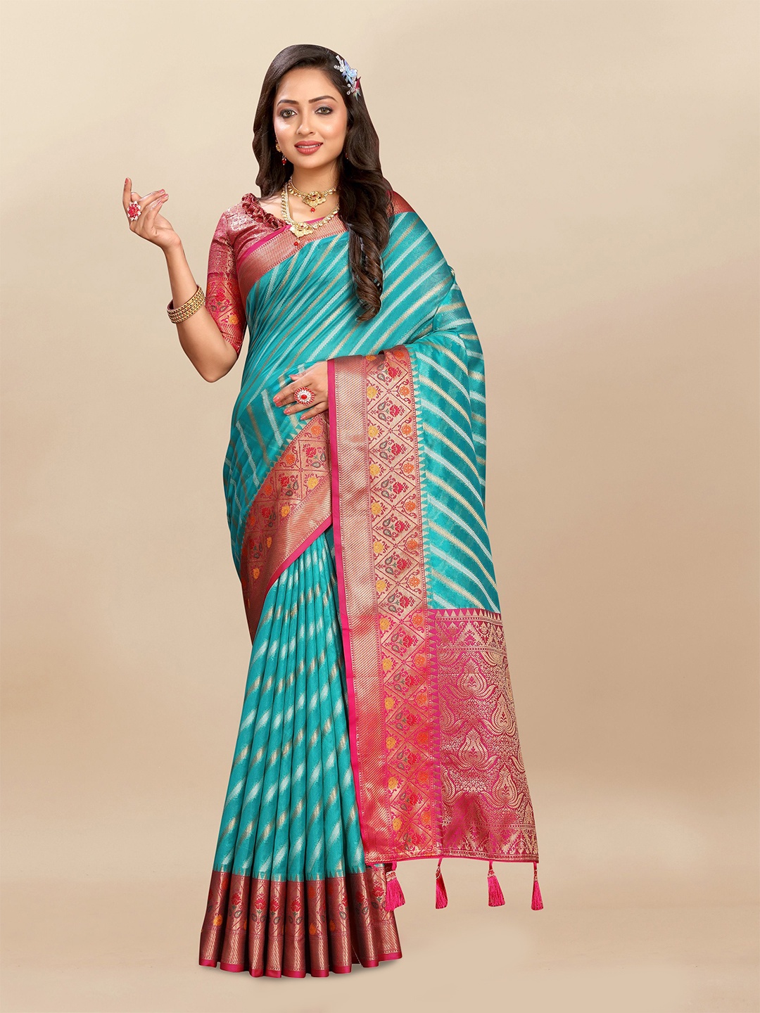 

Upalksh Ethnic Motifs Zari Organza Banarasi Saree, Turquoise blue