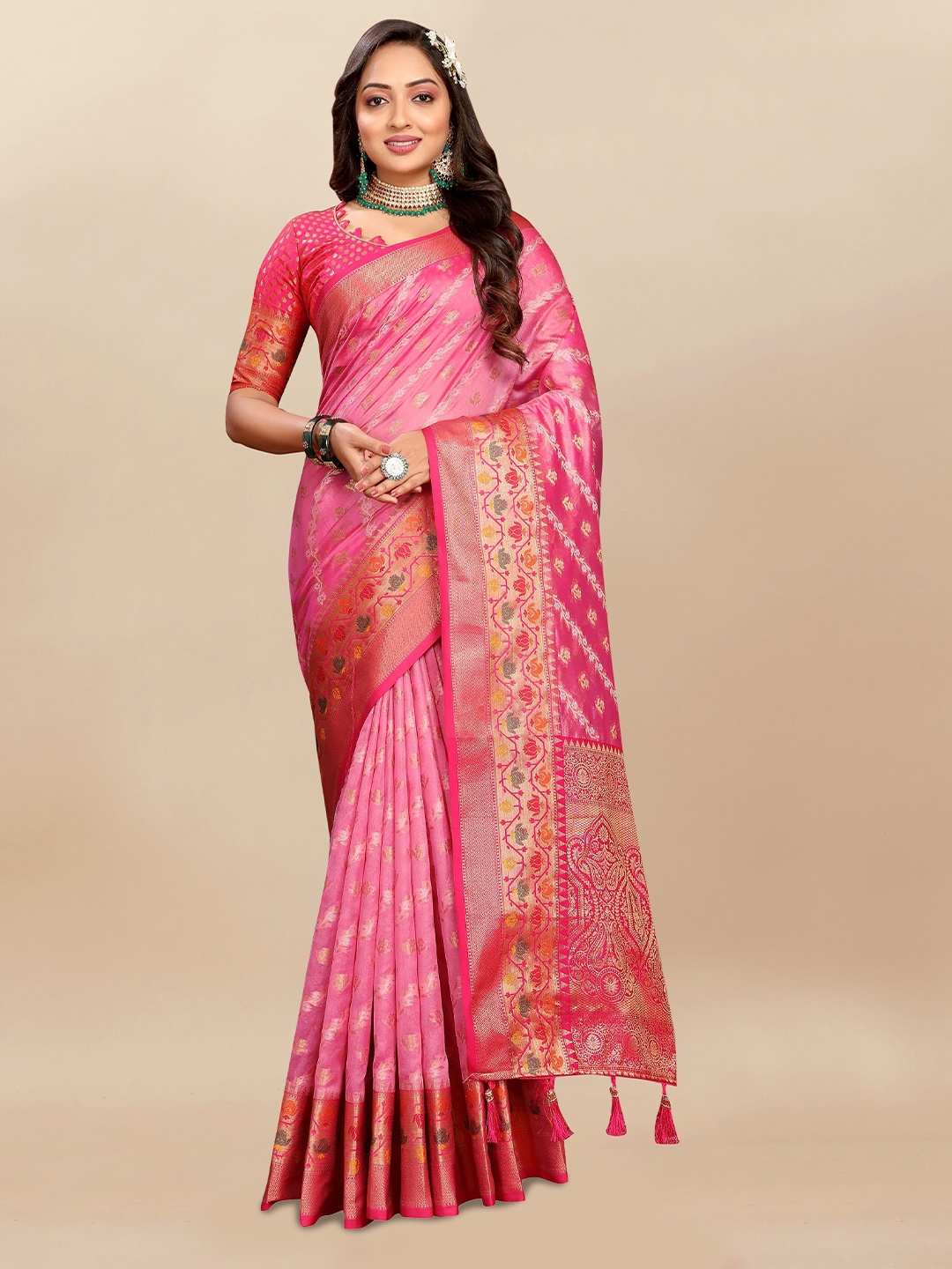 

Upalksh Woven Design Zari Organza Banarasi Saree, Pink