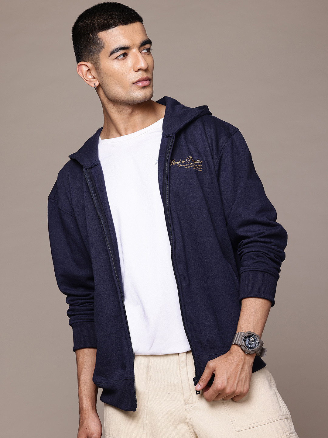 

The Roadster Lifestyle Co. Printed Hooded Relaxed Fit Sweatshirt, Navy blue