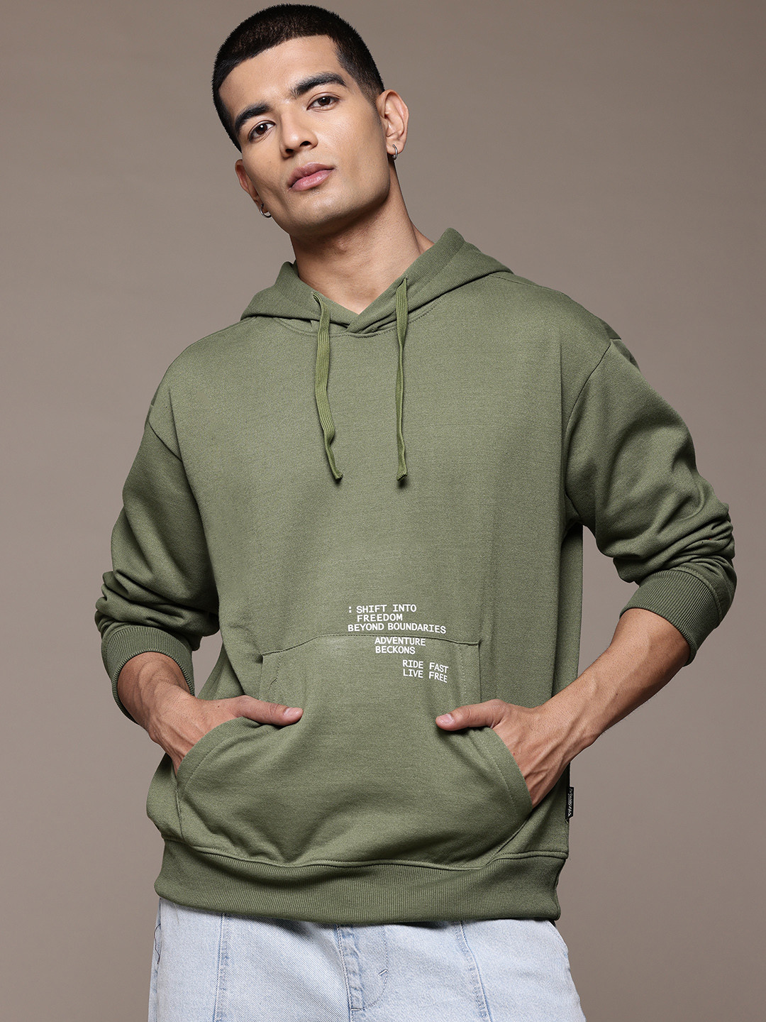 

The Roadster Lifestyle Co. Typography Printed Detail Drop-Shoulder Hooded Sweatshirt, Olive