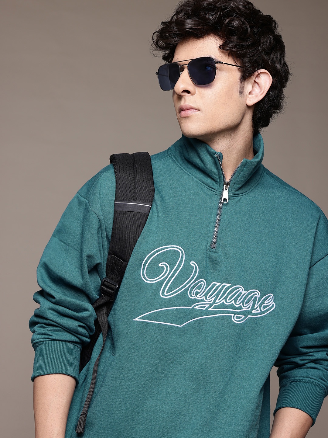 

The Roadster Lifestyle Co. Typography Printed Mock Collar Sweatshirt with Applique Detail, Teal