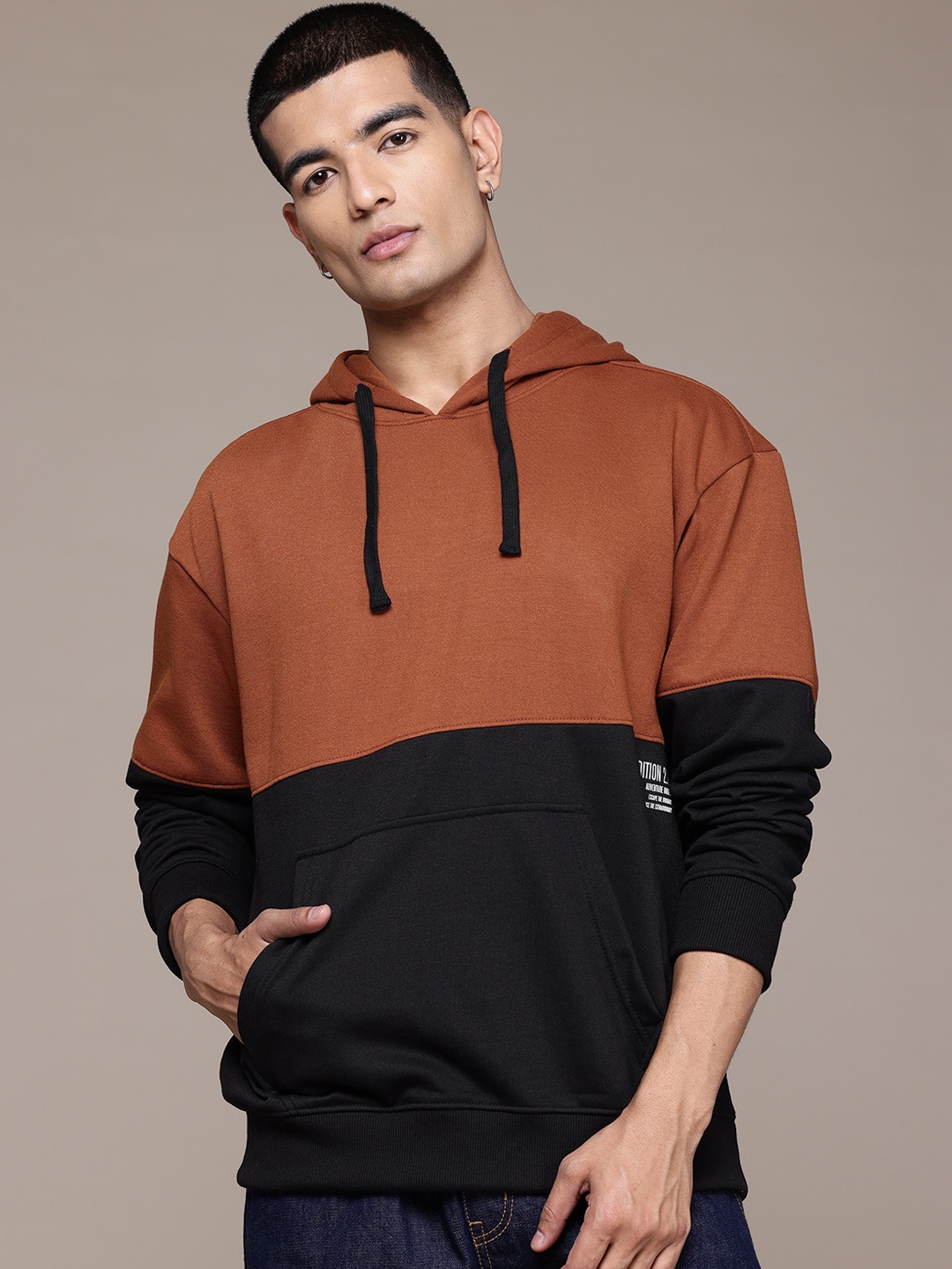 

The Roadster Lifestyle Co. Colourblocked Hooded Relaxed Sweatshirt, Rust