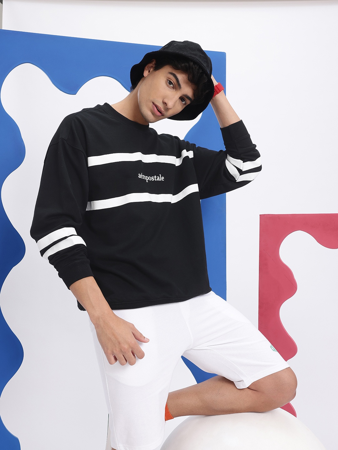 

Aeropostale Striped Drop-Shoulder Sleeve Sweatshirt, Black