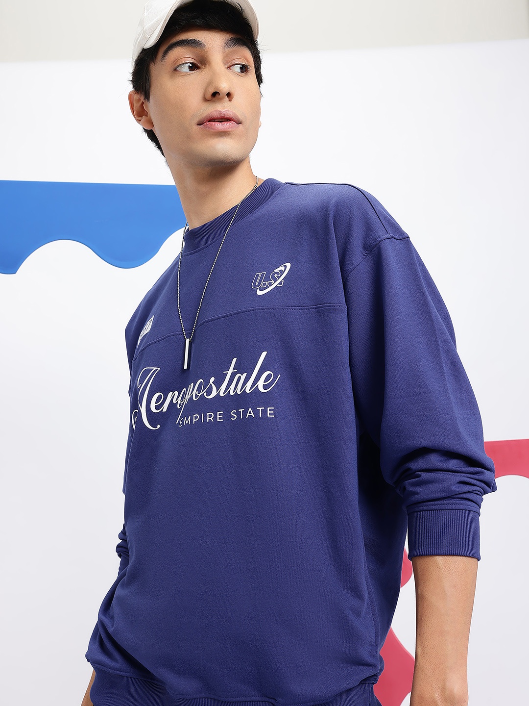 

Aeropostale Brand Logo Printed Drop-Shoulder Sleeves Sweatshirt, Blue