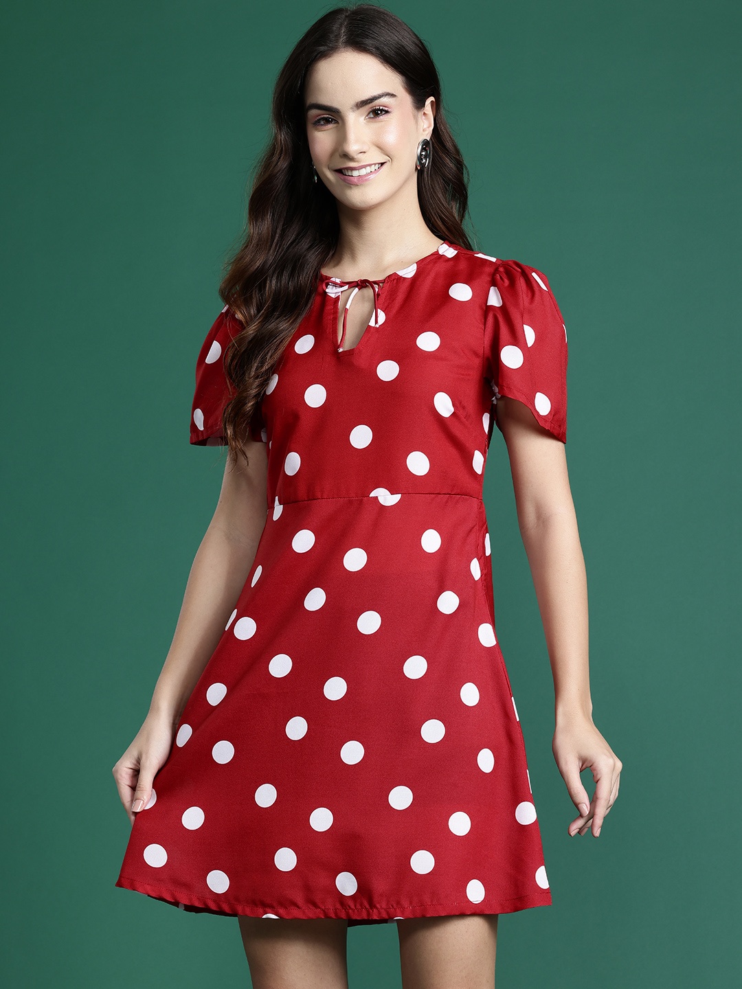 

DressBerry Basics Polka Dot Print Puff Sleeve A-Line Dress, Red