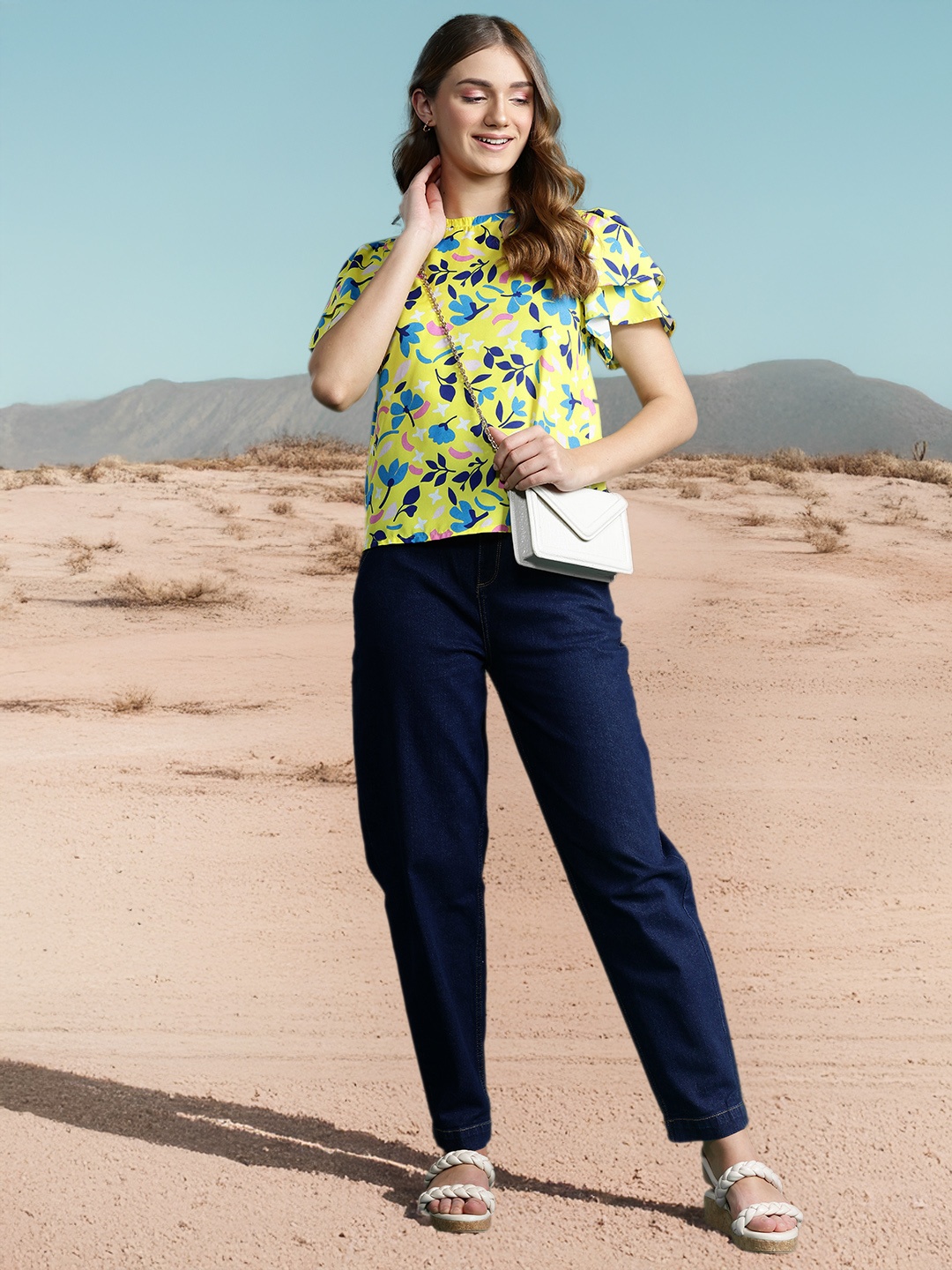 

DressBerry Floral Print Flutter Sleeves Top, Yellow