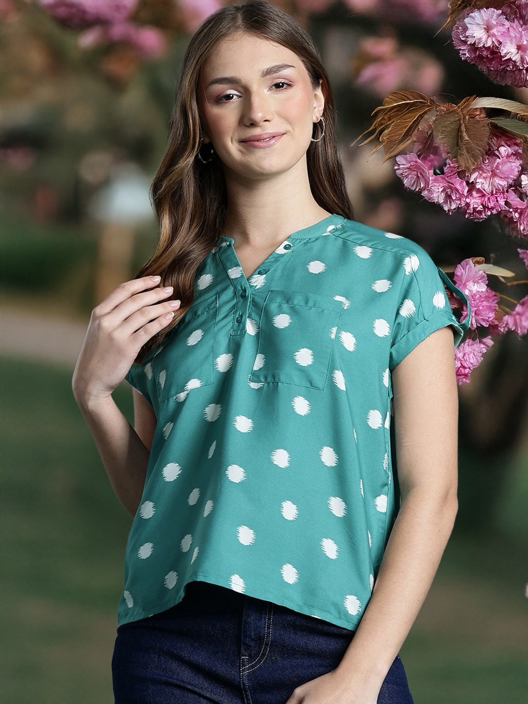 

DressBerry Bizwear Polka Dot Printed Extended Roll-up Sleeves Top, Teal