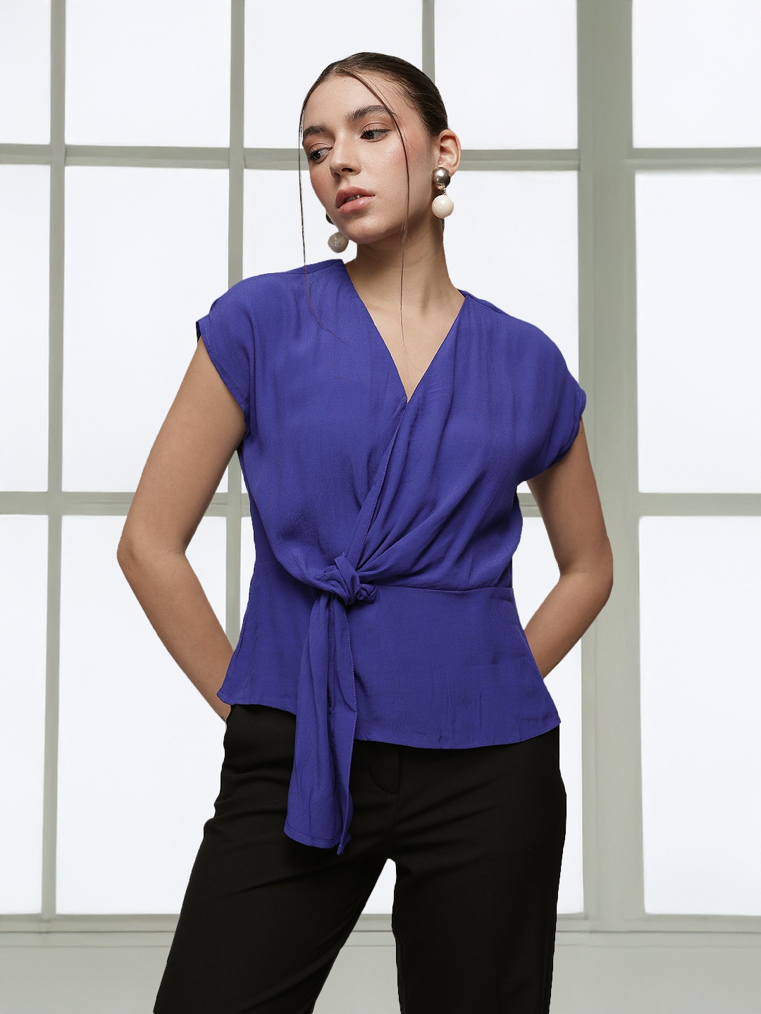 

French Connection Knot Detailed V-Neck Extended Sleeves Regular Top, Blue