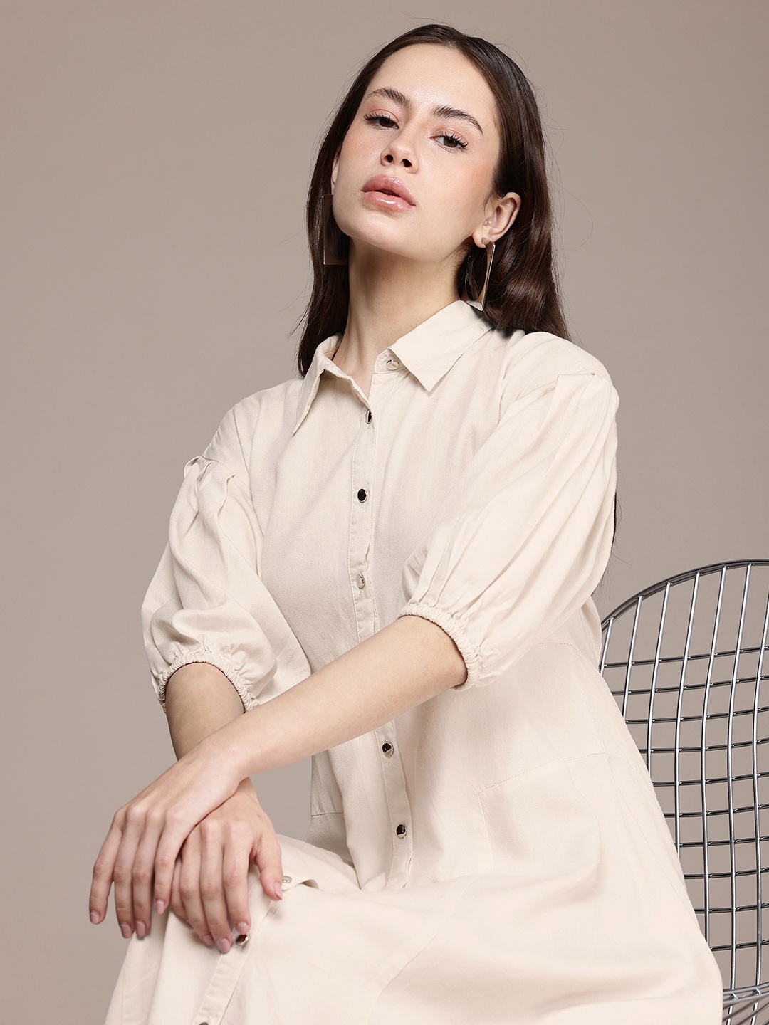 

French Connection Puff Sleeve A-Line Midi Dress, Off white