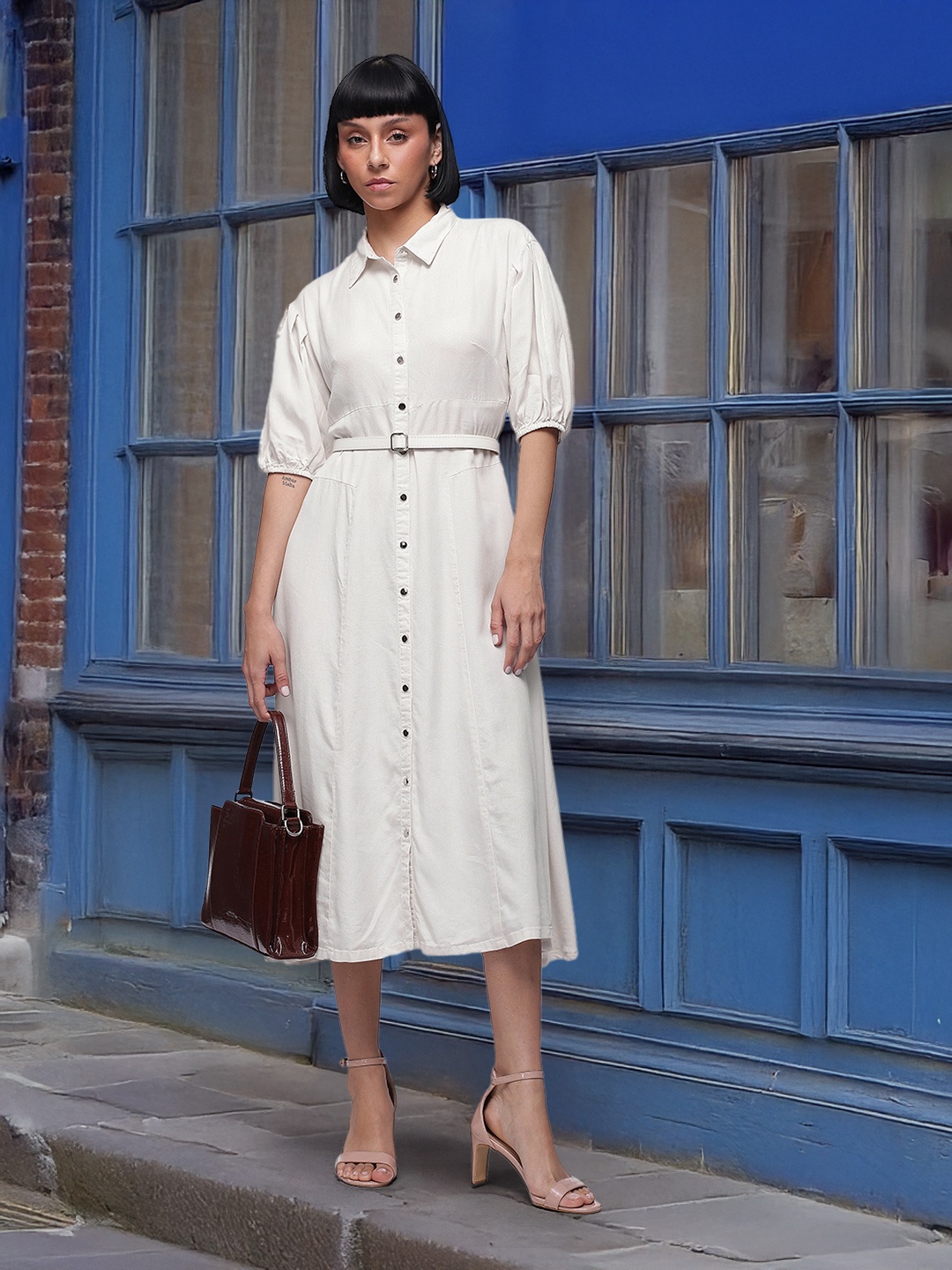 

French Connection Puff Sleeve A-Line Midi Dress, Off white