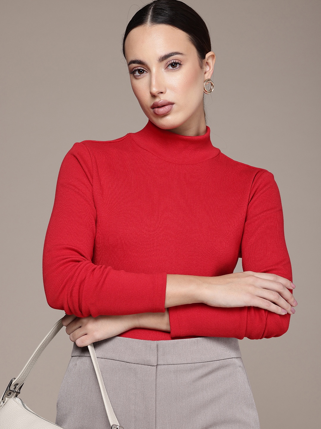 

French Connection Turtle Neck Ribbed Pullover, Red