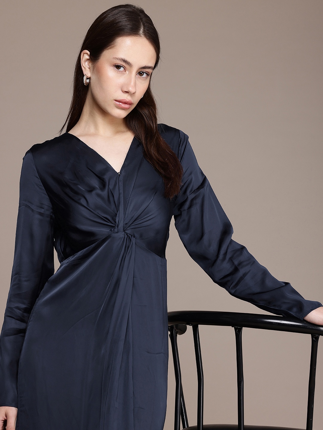 

French Connection Satin Finish Twisted A-Line Maxi Party Dress, Navy blue