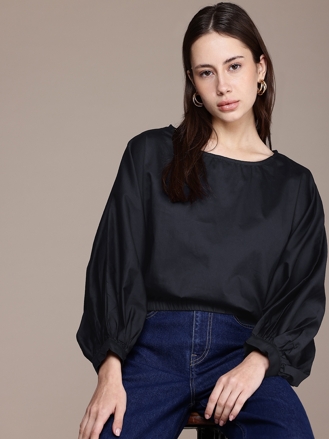 

French Connection Puff Sleeve Pure Cotton Crop Top, Black