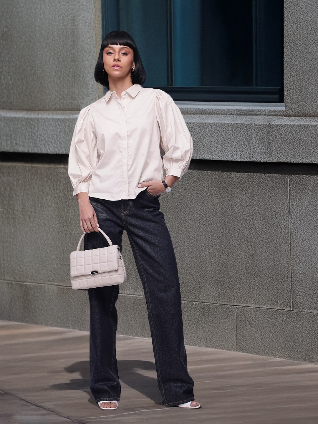 

French Connection Pure Cotton Puff Sleeves Boxy Fit Casual Shirt, Beige